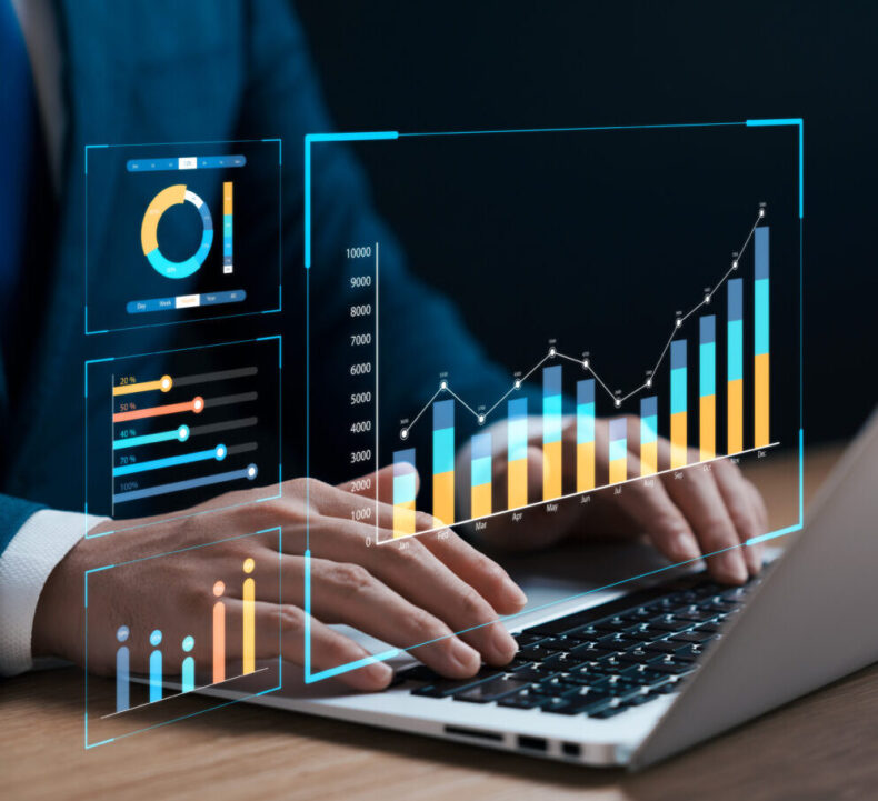 businessman analyzing business Enterprise data management, business analytics with charts, metrics and KPIs to improve organizational performance, marketing, financial organization strategy.