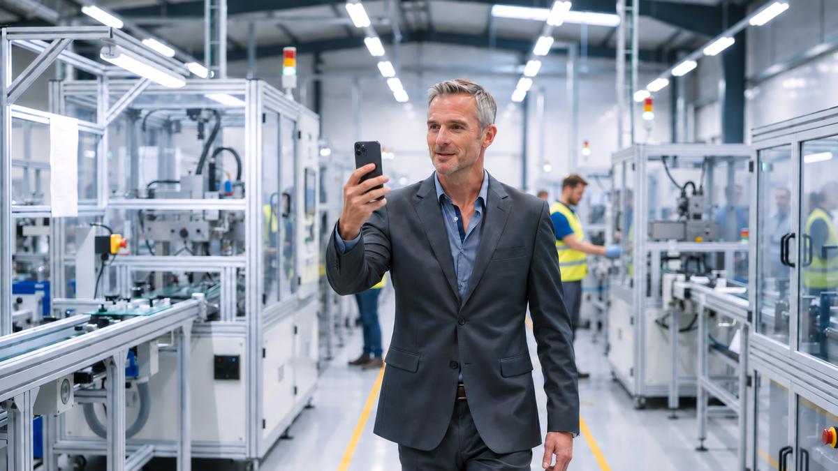 Industrial professional using a smartphone on a manufacturing floor.