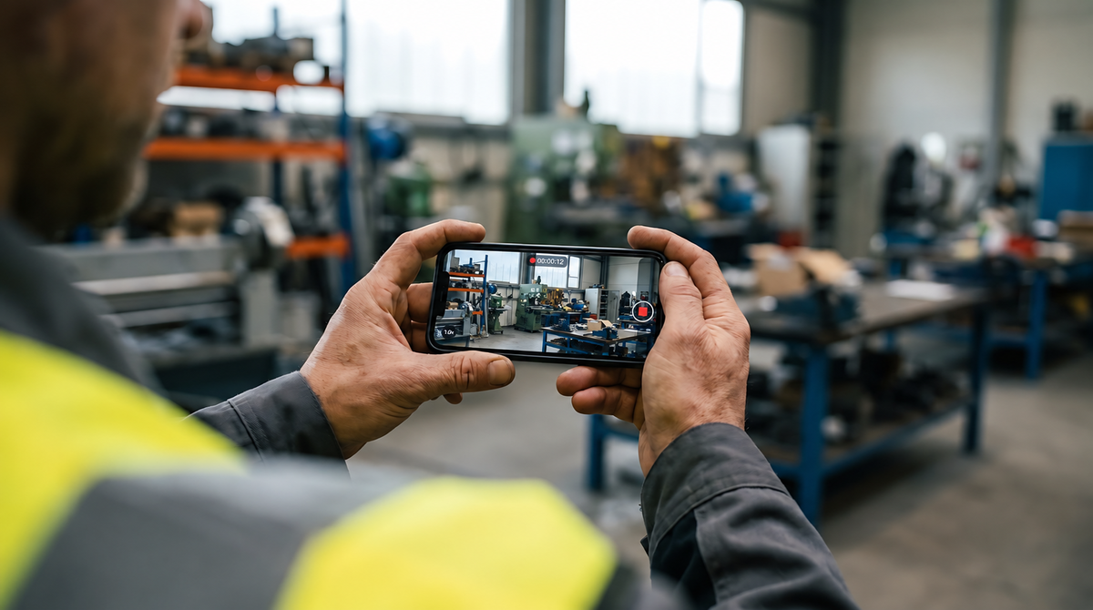 Manufacturer filming a product demonstration video on a smartphone in an industrial facility